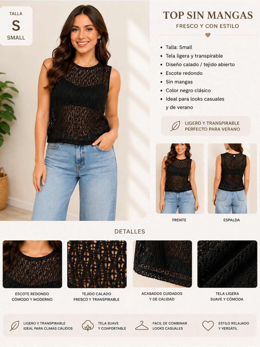 Black Crochet Sleeveless Tank Top - Lightweight Summer Knit